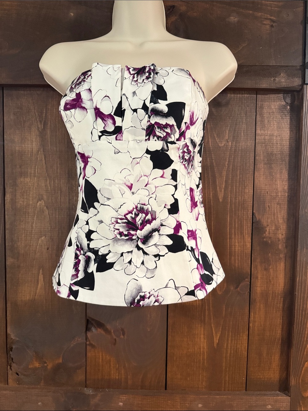 Strapless Floral Peplum Top in White, Black & Purple